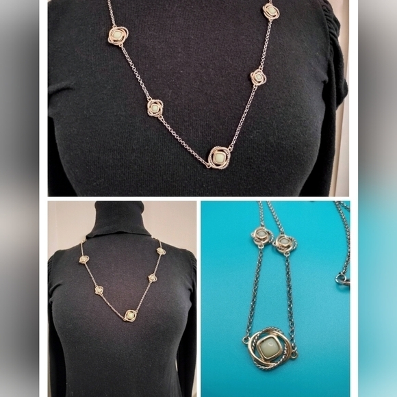 24" Gold Silver Tone Necklace with Green Lucite Center Square Abstract Pendants - Picture 1 of 8